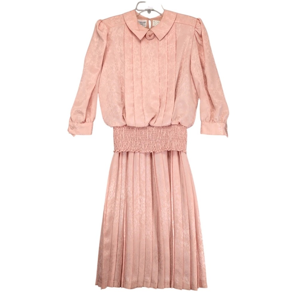 Vintage 90s Dim The Lites Pink Satin Pleated Dress Sz 8P Smocked Waist Secretary